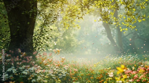  the sun shines through the trees and flowers in a field of wildflowers and daisies in the foreground. © Anna