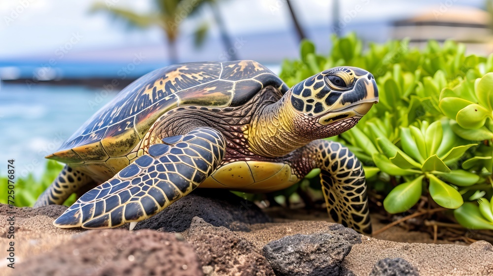 Fototapeta premium Tranquil sea turtle rests on sandy beach against mesmerizingly deep blue ocean backdrop
