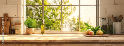 a kitchen with a window in front of it and a wooden c