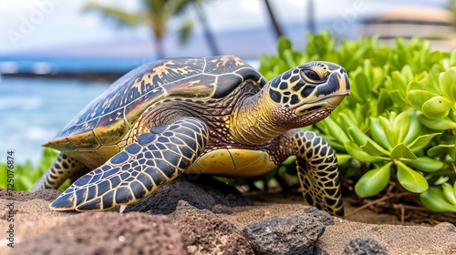 Tranquil sea turtle rests on sandy beach against mesmerizingly deep blue ocean backdrop