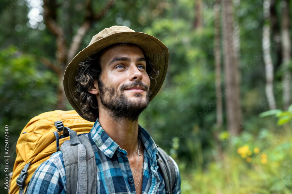 Content Explorer in Forest with Backpack. Generative AI Content Explorer in Forest with Backpack. Generative AI
