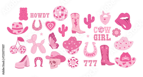 Cowboy and cowgirl pink icons set. Cowboy hat, disco ball, boots, lucky, cactus. Y2K pink core. Vector photo