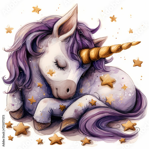 An enchanting painting of a whimsical purple unicorn with a shimmering gold horn, surrounded by sparkling stars, brought to life through intricate illustration and masterful sketching, evoking a sens