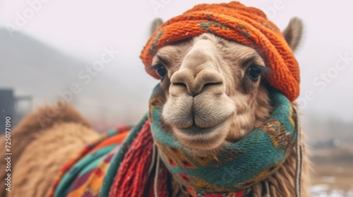 Cute portrait of a camel in the desert in Egypt. Tour to Egypt, summer trip, camel riding, vacation. Travel agency, sale of vouchers, discounts on vouchers. Portrait of a llama. Cute funny animals.