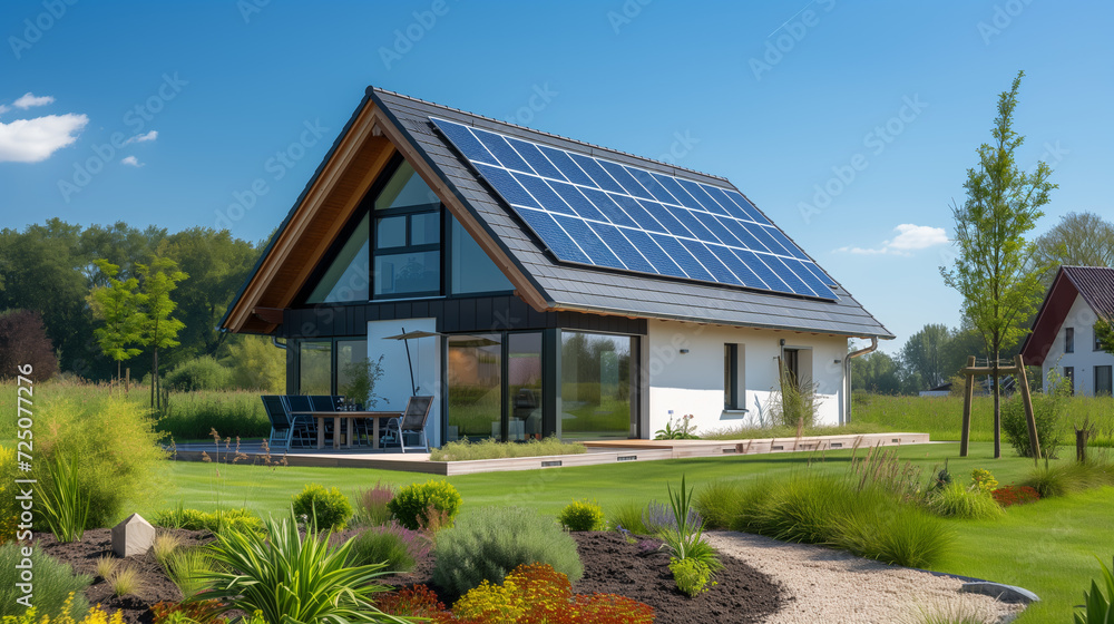 New suburban house with a photovoltaic system on the roof New suburban house with a photovoltaic system on the roof