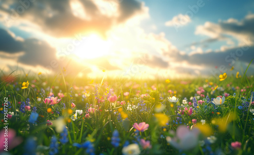 Wildflowers in a sunny field with blue sky. Springtime landscape and nature concept. Design for eco-friendly products. Banner with copy space. © NeuroCake