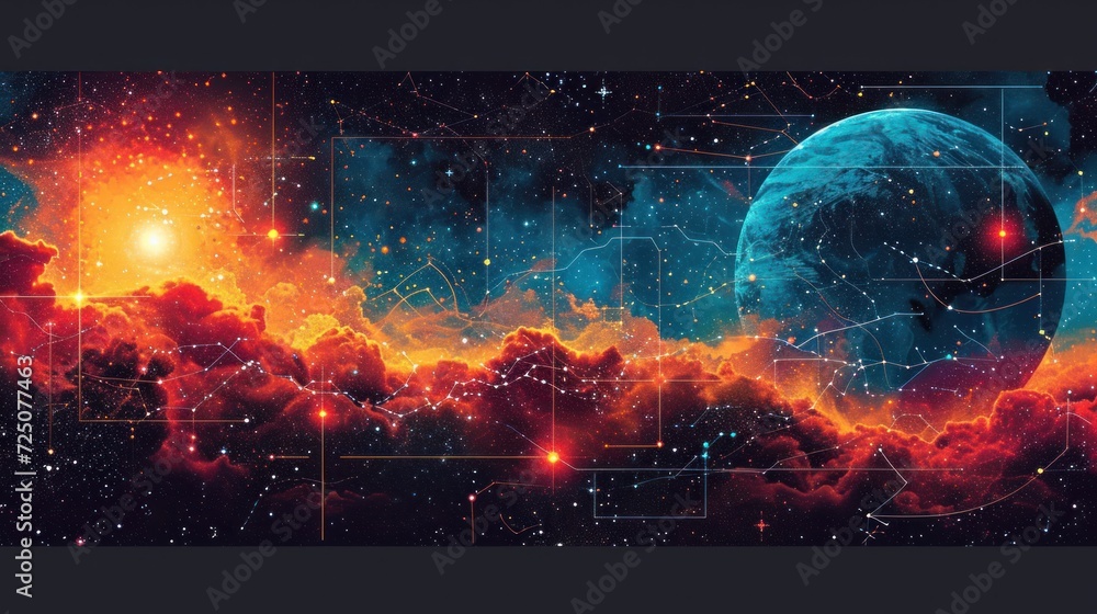  an image of a space scene with stars and a planet in the middle of the image, with a grid in the middle of the image.
