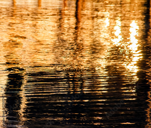 Shimmery Golden Lake Water at Sunrise or Sunset with Reflections (filtered photo)- Spa Like Feel - Background, Backdrop, and/or Wallpaper