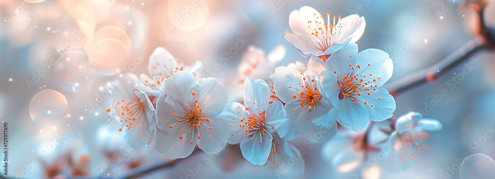 White cherry blossoms with soft bokeh on a blue background. Spring bloom nature concept. Design for wedding invitation, greeting card. Spring event banne with copy space. - obrazy, fototapety, plakaty 