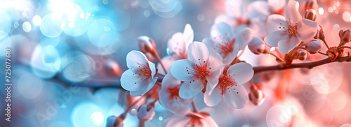 White cherry blossoms with soft bokeh on a blue background. Spring bloom nature concept. Design for wedding invitation, greeting card. Spring event banne with copy space.