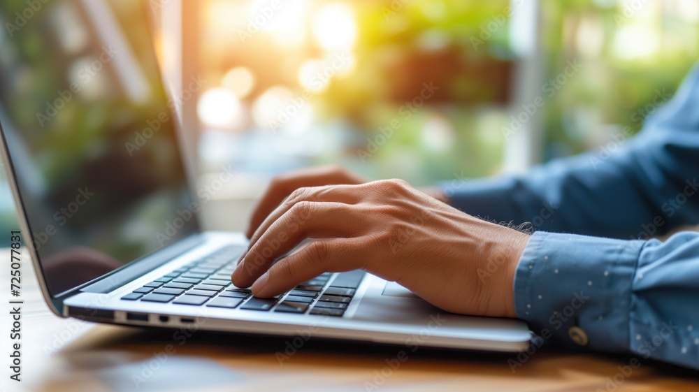 Hands typing on laptop in sunny, plant-filled office Hands typing on laptop in sunny, plant-filled office