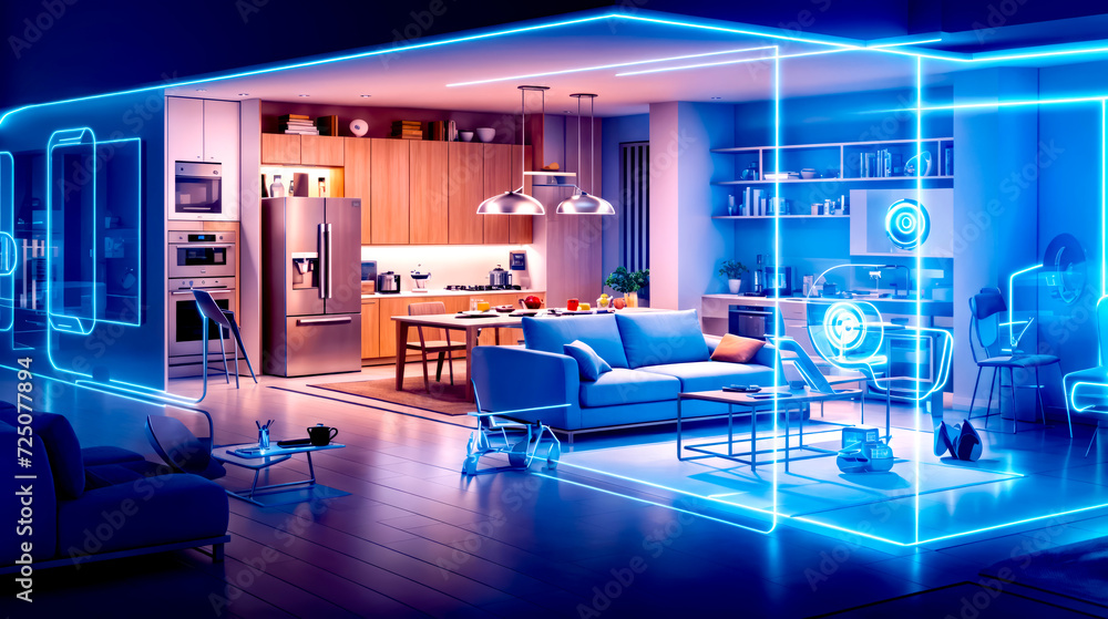 Living room filled with furniture and blue light in the middle of the room. Living room filled with furniture and blue light in the middle of the room.