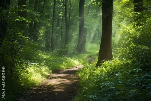 An enchanting forest path with dappled sunlight  lush greenery  and a sense of mystery