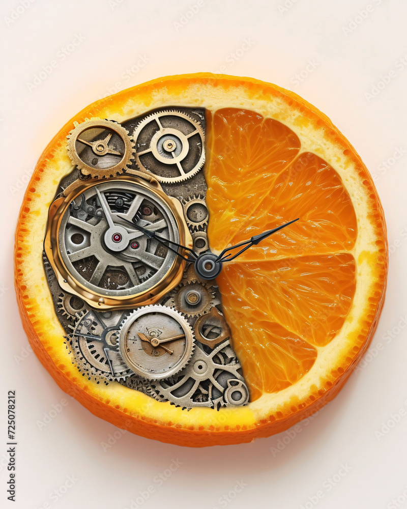 A sliced orange containing clock work pieces on a white background 