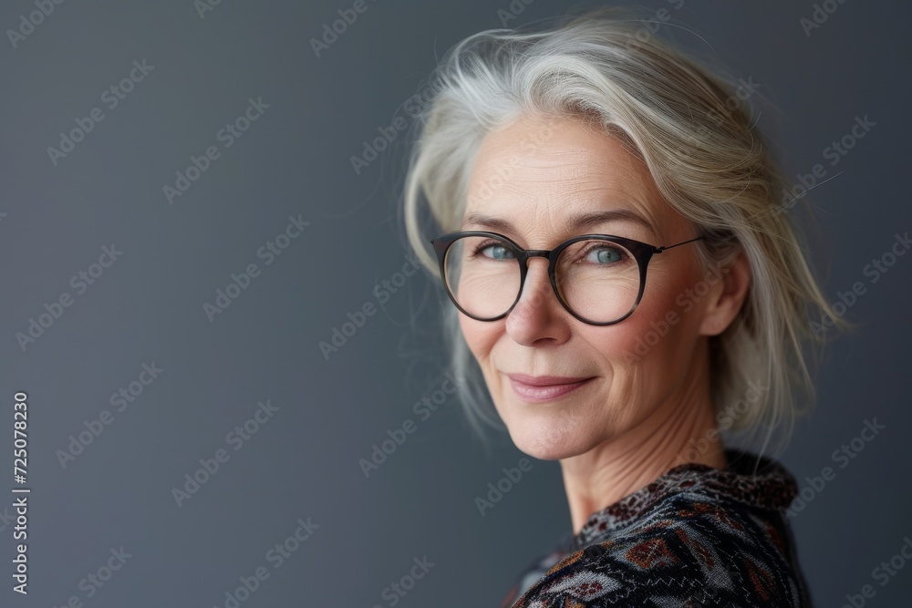 Close-up studio portrait of a sophisticated 50-year-old woman with glasses, professional look, on a grey background