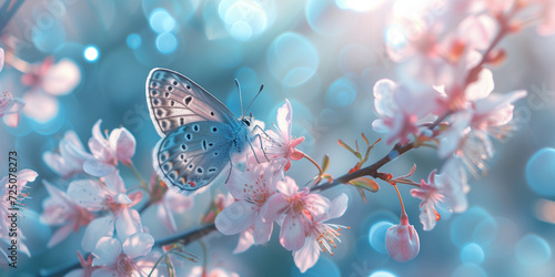 Butterfly on cherry blossoms with bokeh lights on a blue background. Springtime nature and wildlife concept. Design for greeting card, invitation, banner, poster. Macro shot with copy space.