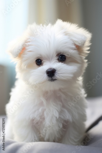 Funny cute fluffy white puppy. Portrait of a dog. Vertical photo. AI Generated