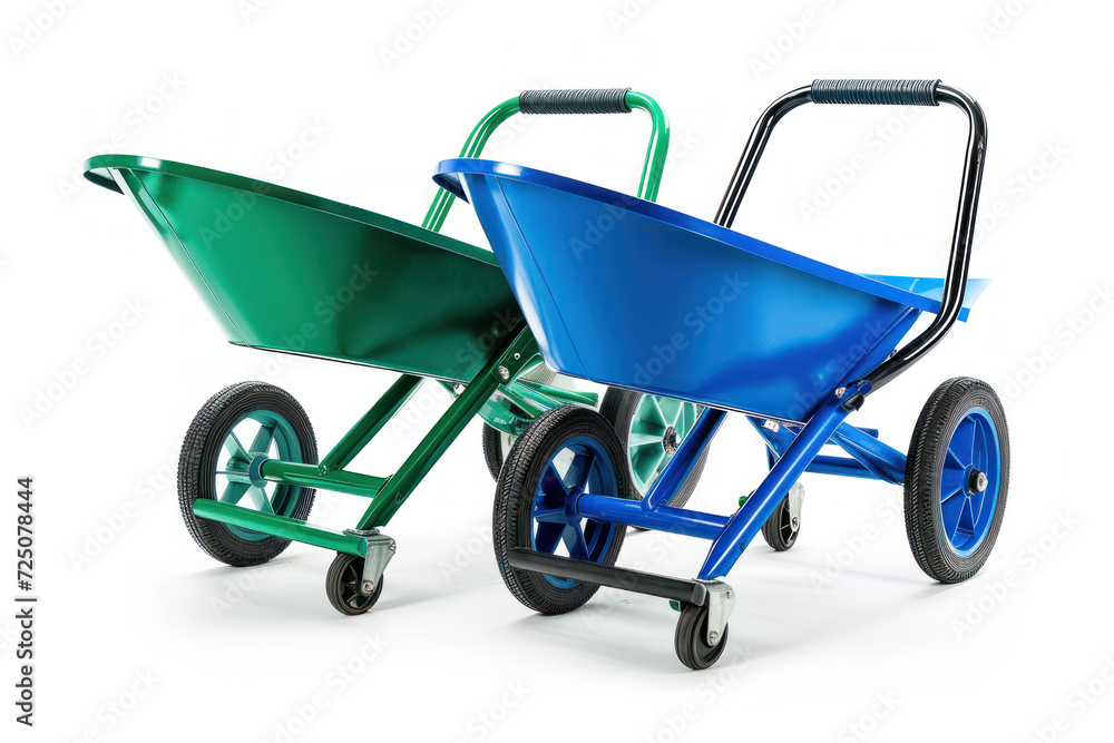 Wheelbarrow isolated on a white background. Two gardening wheelbarrows - blue and green carts Wheelbarrow isolated on a white background. Two gardening wheelbarrows - blue and green carts