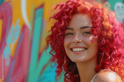 Girl with cherry red curly hair participating in a colorful street art festival