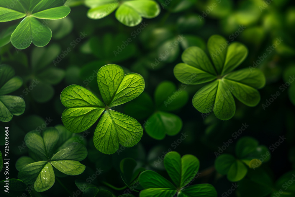 Green clover leaves backdrop. St. Patrick's Day celebration and spring concept. Close-up shot with copy space. Green clover leaves backdrop. St. Patrick's Day celebration and spring concept. Close-up shot with copy space.