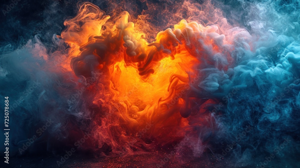  a heart shaped cloud of smoke in the middle of a blue, red, yellow and orange smoke filled background.