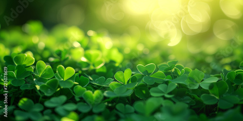 Green clover leaves backdrop. St. Patrick's Day celebration and spring concept. Close-up shot with copy space. 