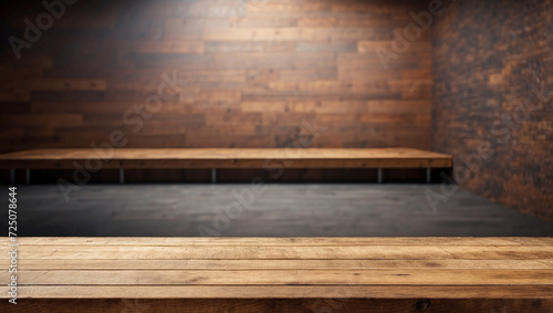 empty wooden table with brown wall background