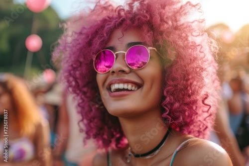 Girl with magenta curly hair at a festive outdoor music concert