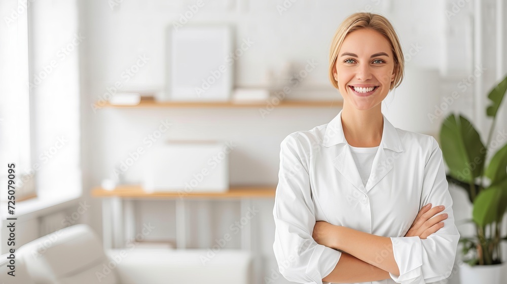 Confident woman poses in blurred bright interior copy space available for text Confident woman poses in blurred bright interior copy space available for text