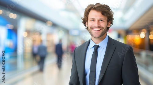 Confident man posing on defocused bright interior background  ideal for text placement