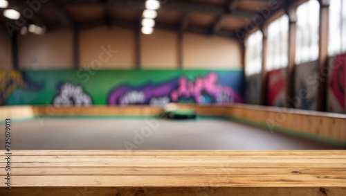 Empty wooden table with blurry skateboard arena background
