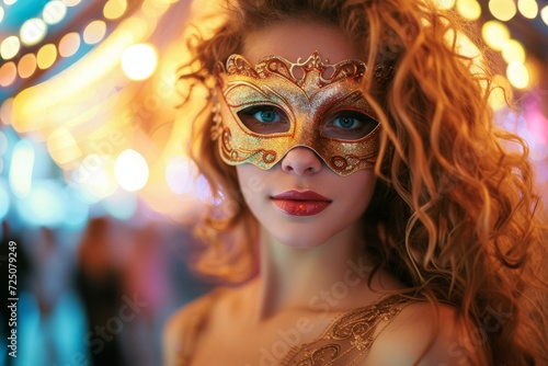 Woman with honey-blonde curly hair at an elegant masquerade ball © furyon