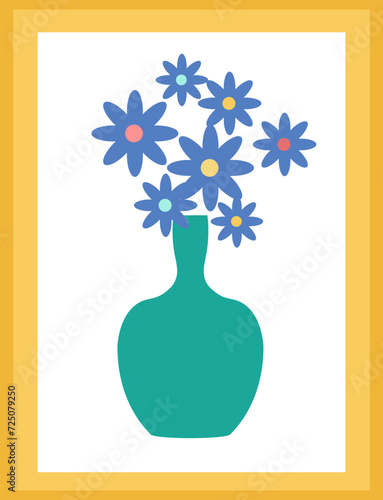 Blue flowers in green vase, framed wall art decor. Simple floral arrangement, modern interior decoration vector illustration.