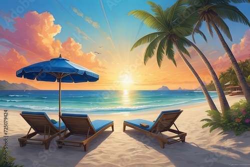 chairs, umbrella on the beach and sunset landscape