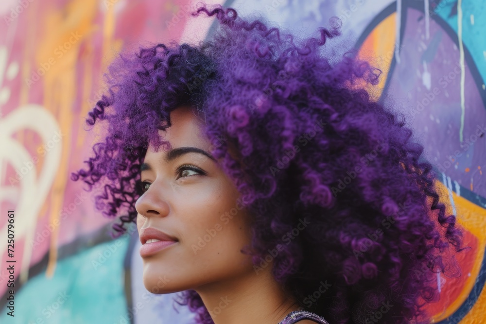 Young woman with violet curly hair looking at a vibrant street mural Young woman with violet curly hair looking at a vibrant street mural