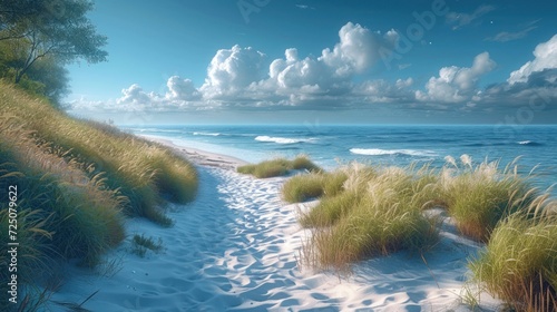  a painting of a path leading to the beach with grass on either side of the path and the ocean in the background.