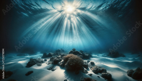clear underwater world in sunny light with rays of sunshine 