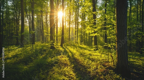  the sun shines through the trees in a forest filled with green grass and tall, thin, thin trees. © Anna