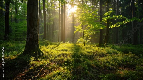  the sun shines through the trees in a forest filled with green grass and tall  thin  thin trees.
