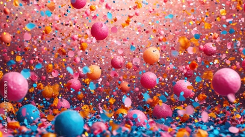  colorful confetti and confetti sprinkles on a pink, blue, and pink background. © Anna