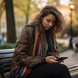 Mindful woman is texting on smartphone.She networks in social media, uses public wi-fi or internet provided by cellular communication system. Woman with tense facial expression. 
