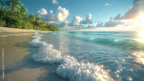  a picture of a beach with waves coming in to the shore and palm trees in the background and a blue sky with white clouds.