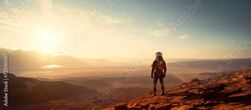 astronaut in a spacesuit exploring the surface of a new planet - space travel and search for life on other planets concept photo