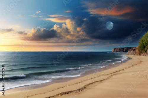 Aufregende Abendstunde  der Mond und die Sonne stehen am Himmel. An einem Strand kann man sowohl die Sonne als auch den Mond sehen