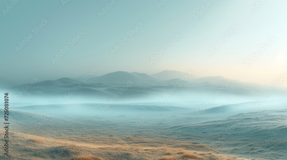  a view of a foggy mountain range from the top of a hill in the foreground, with a few hills in the distance.