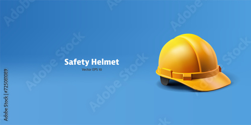 Yellow realistic helmet for head protection. 3D. Banner for construction, engineering, safety, and life protection design concepts. Vector photo