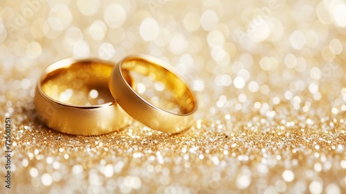 Beautiful gold wedding rings on soft yellow bokeh background with space for text and designs