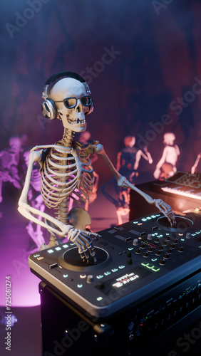 3D rendered illustration of a Skeleton DJ at the mixing console surrounded by dancing skeletons in a club atmosphere with colourful lighting and smoke effect. Halloween party.