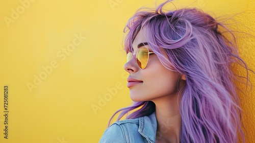 Portrait of a girl with tinted lilac hair on yellow background. 