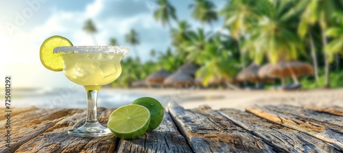 Fototapeta Naklejka Na Ścianę i Meble -  Refreshing margarita cocktail in tropical paradise with blurred beach background